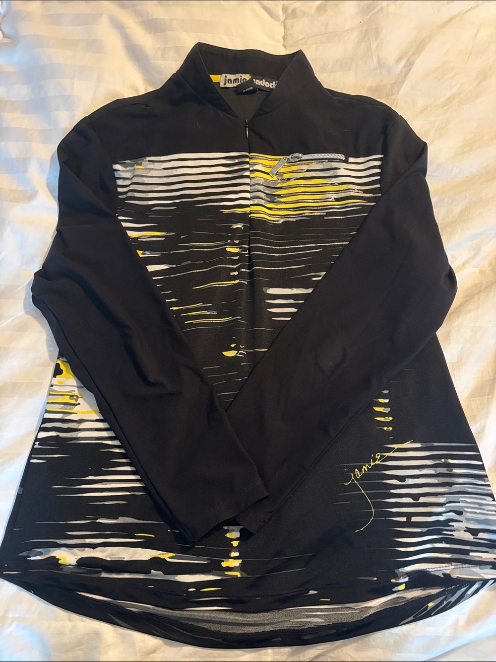 jamie sadock Black Long Sleeve Golf Top with Yellow & White Stripe Accents